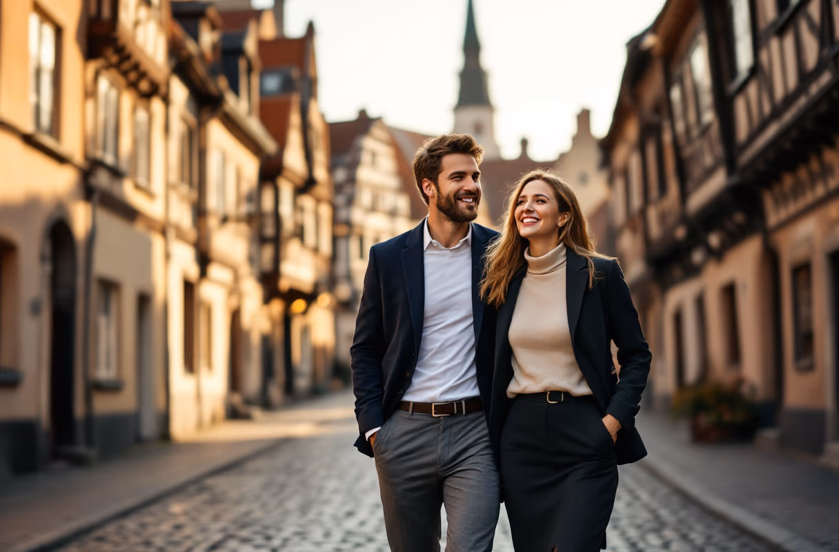 A couple on a Tallinn Old Town street at golden hour
