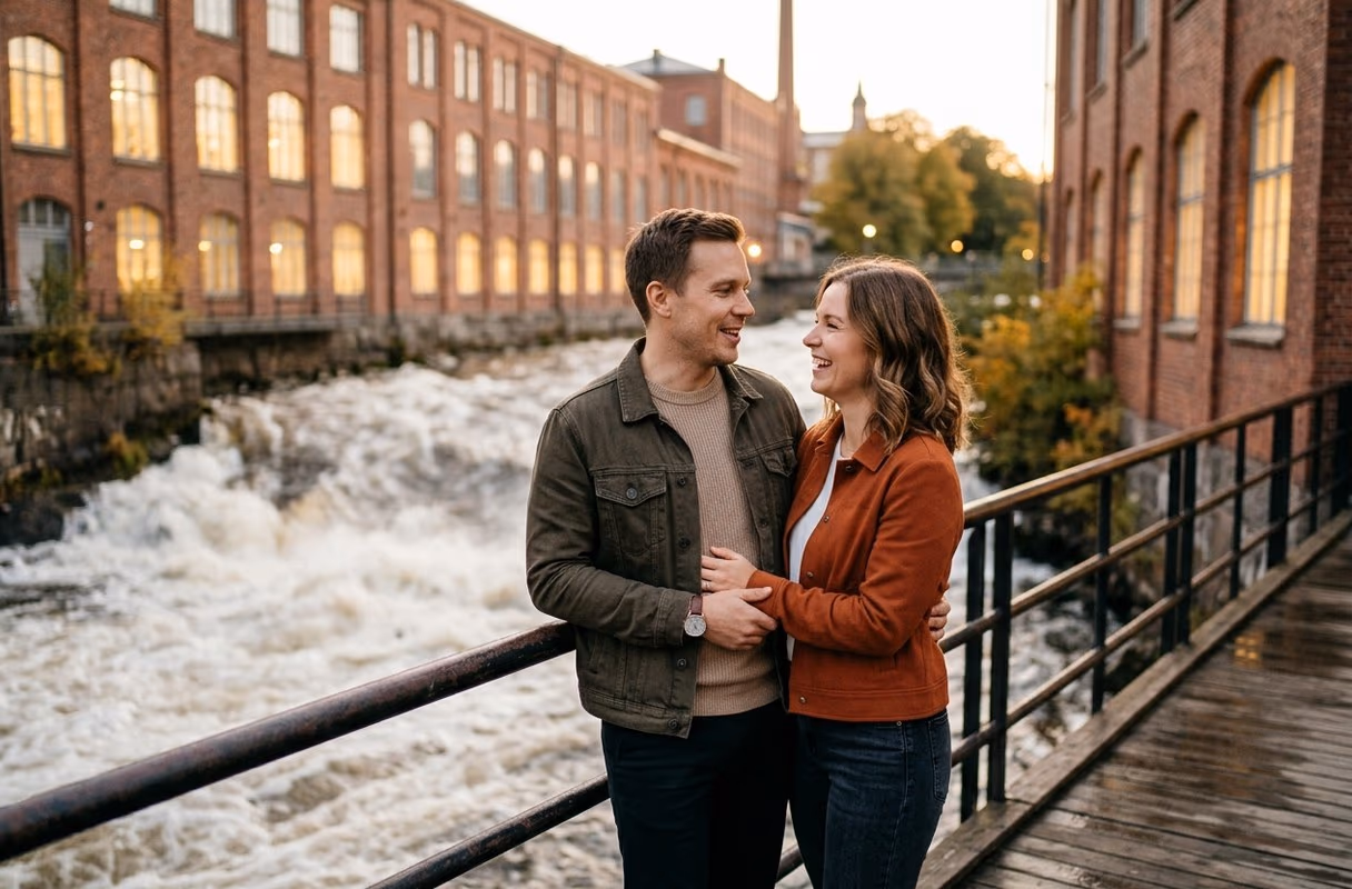 The Finlayson mills on the Tammerkoski — Tampere's industrial heart A couple by the red-brick Finlayson factory buildings on the Tammerkoski rapids in Tampere