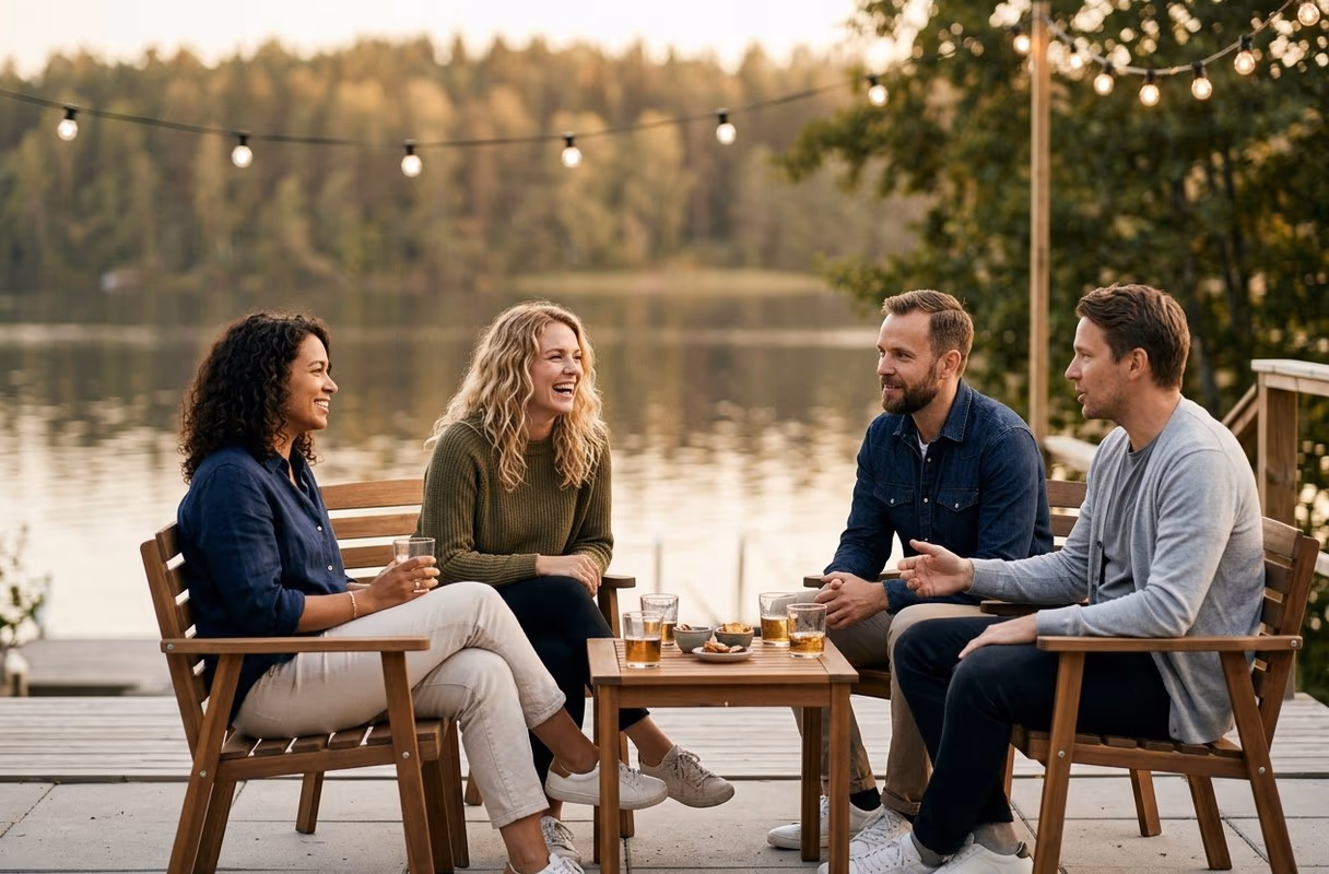 A Tampere lakeside evening — between the two waters A small group of friends relaxing on a lakeside terrace in Tampere in the evening light