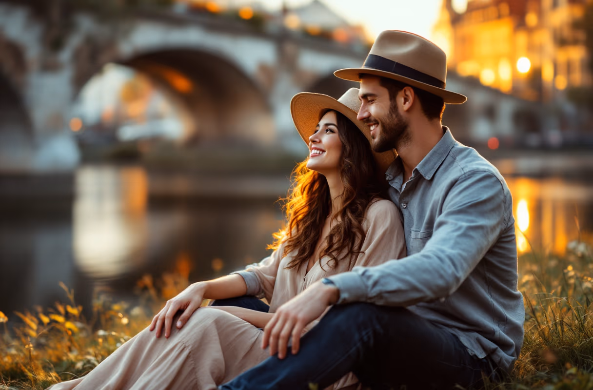 A couple by the Emajõgi river in Tartu at golden hour