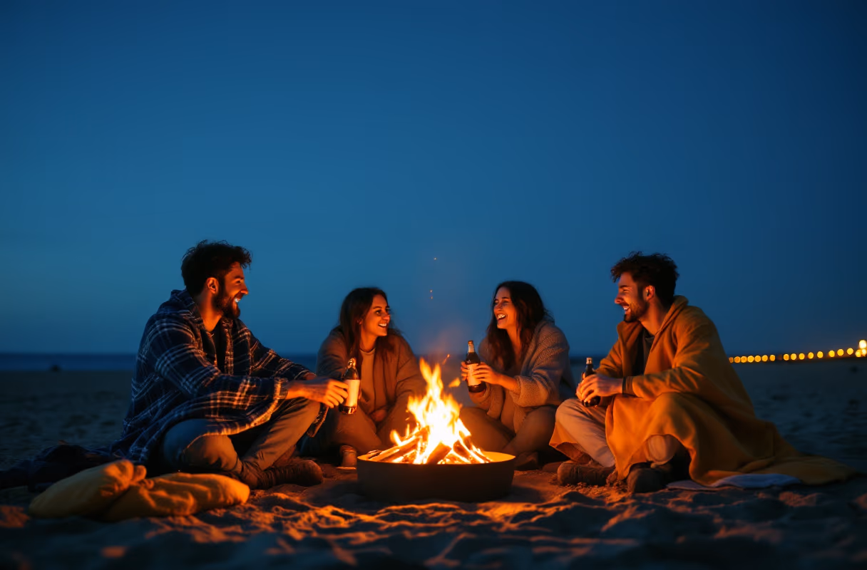 A Scheveningen beach evening — the relaxed, open side of The Hague Five people around a small bonfire on Scheveningen beach in the evening