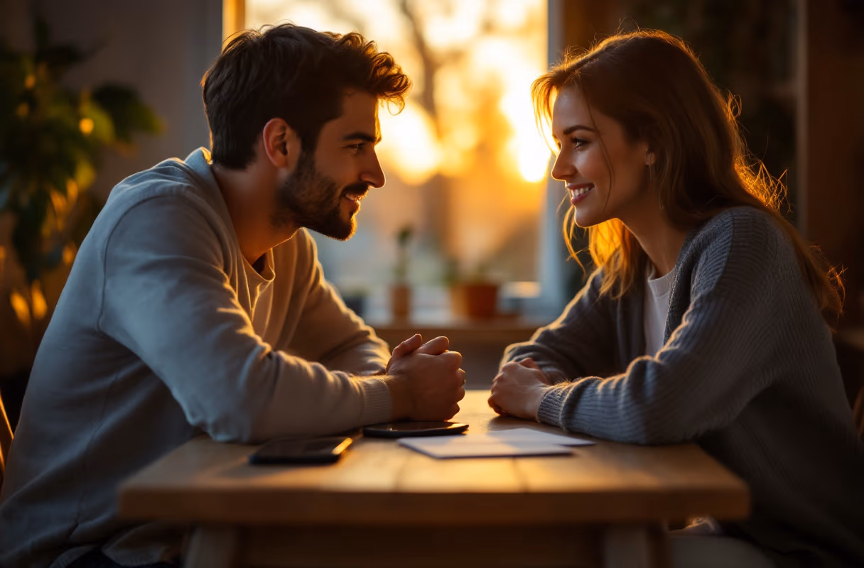 Curating together, in private — the control over who sees what that Gramsy is built around A couple at a table reviewing printed photo cards together, two phones face-down, in a softly lit Hague apartment