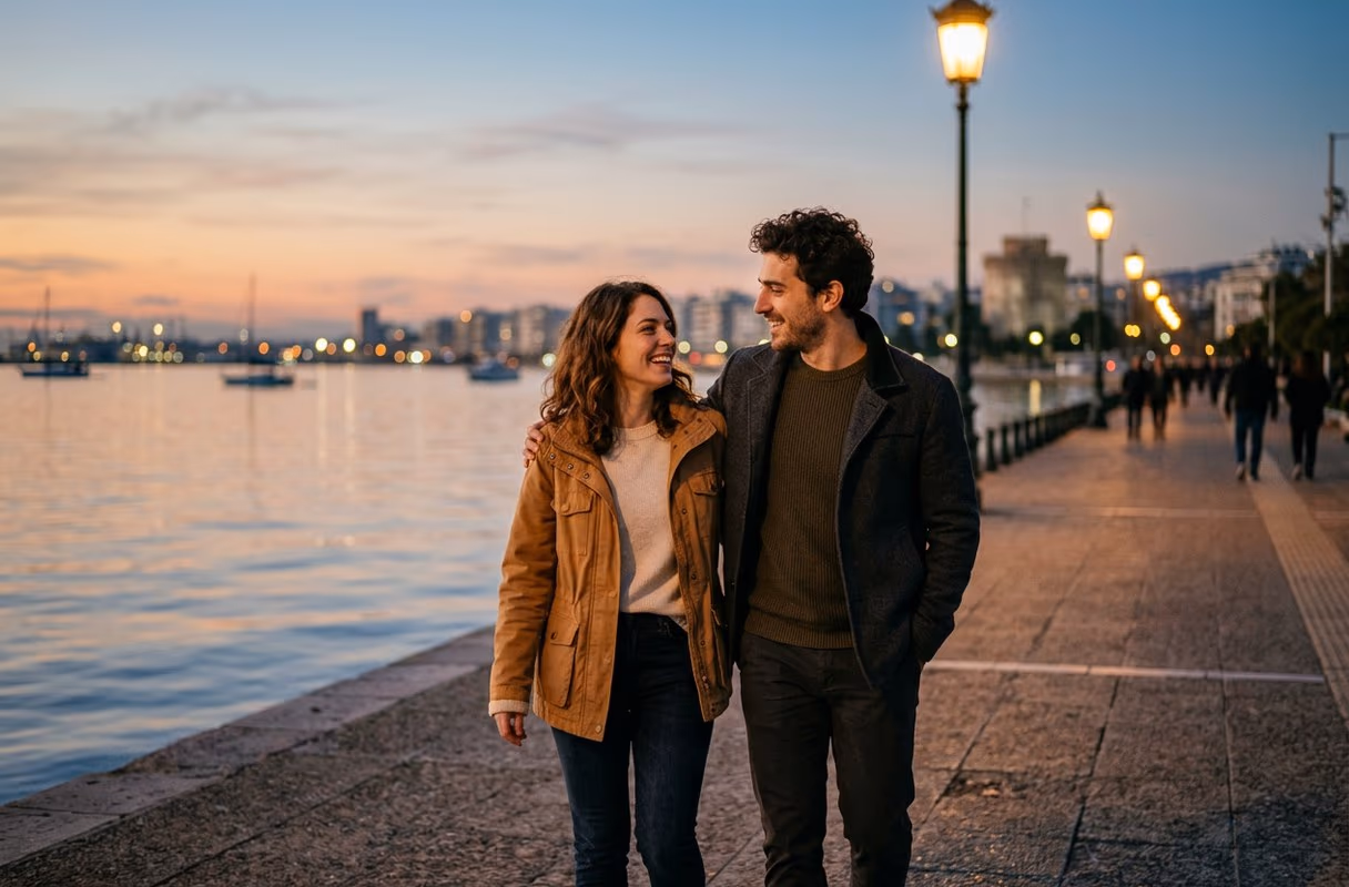 Nea Paralia at dusk — where Thessaloniki evenings begin A couple walking along the Thessaloniki waterfront promenade at dusk with the gulf behind them