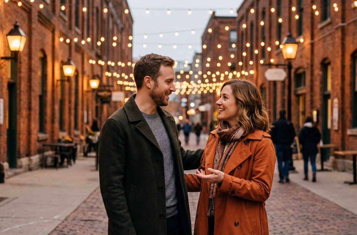 The Distillery District after dark — old brick, new conversations A couple talking under string lights in a brick lane of Toronto's Distillery District in the evening