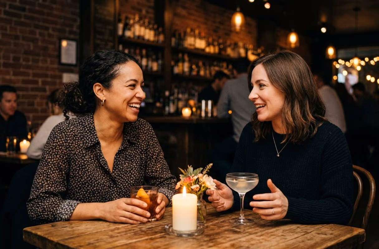 Queen West — where the city's open crowd actually mixes Two women talking over cocktails at a small bar on Queen West in Toronto at night