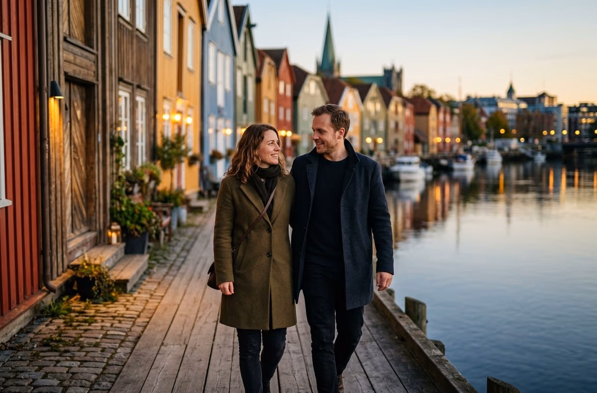 A couple walking past the colourful wooden houses of Bakklandet along the river in Trondheim