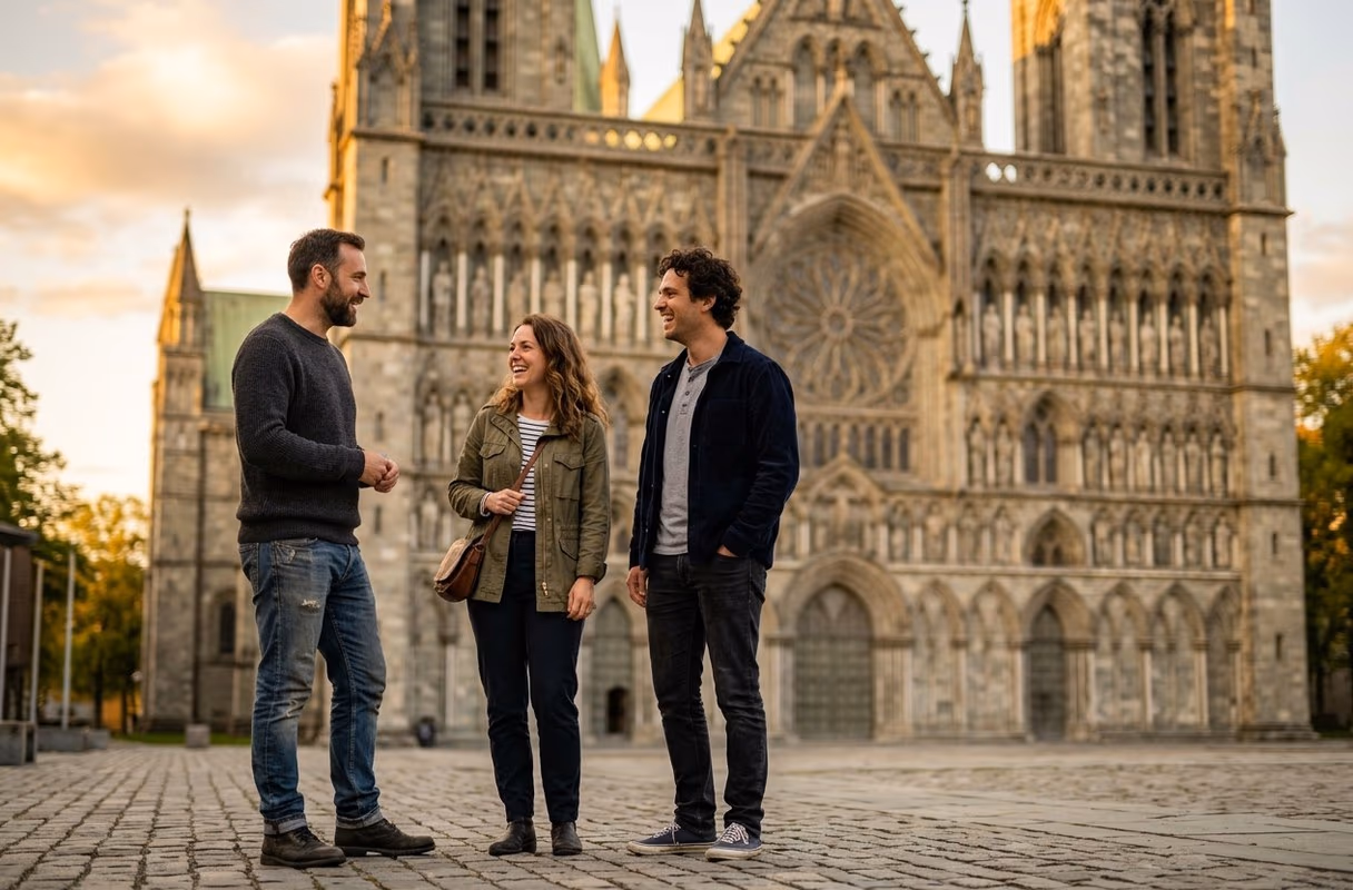 Three people talking in front of the medieval Nidaros cathedral in Trondheim