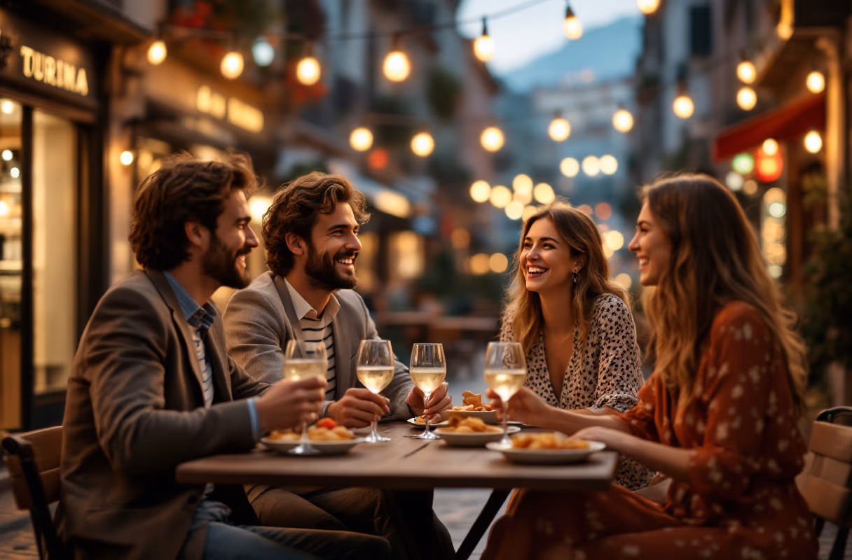 Aperitivo in San Salvario — the natural setting for an easy first meet A small group over aperitivo at a San Salvario table in Turin in the evening