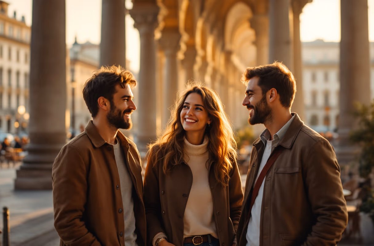 Turin's arcades — a relaxed setting where unhurried meet-ups naturally happen Three people talking under Turin's elegant arcades at golden hour