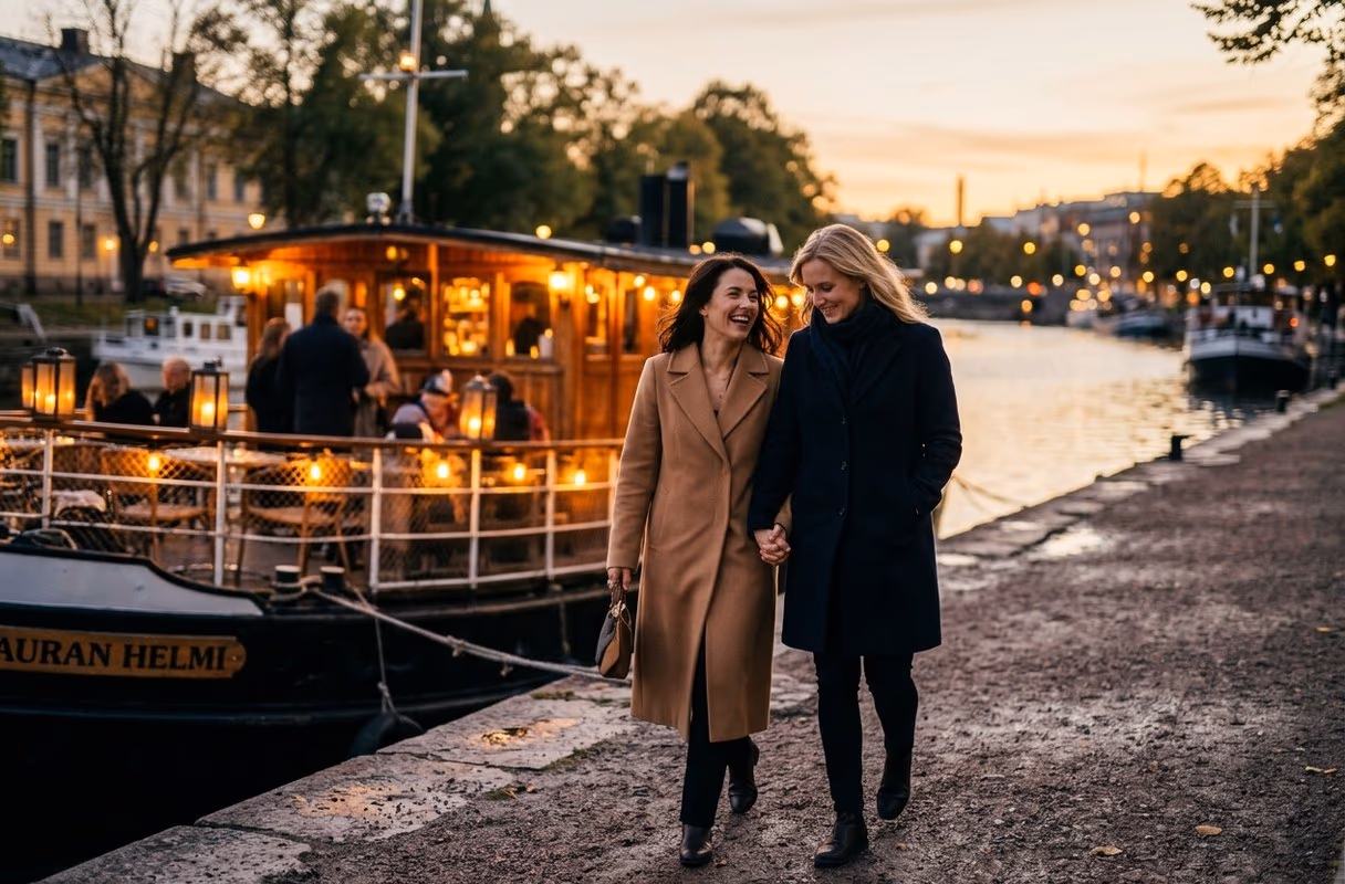 The Aura riverfront in Turku — the city's summer living room A couple walking along the Aura river bank in Turku past a moored boat bar in the evening