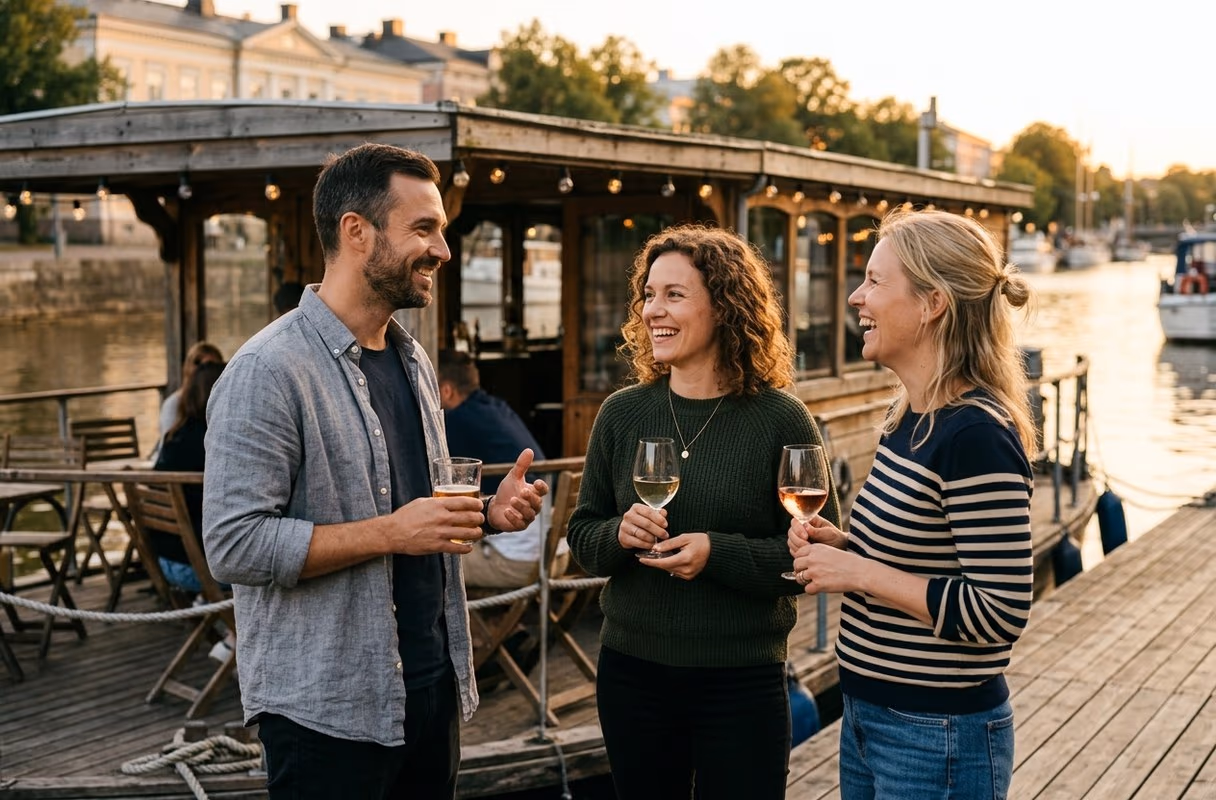 An Aura boat bar in Turku — the archipelago's edge Three people talking on the deck of a boat bar moored on the Aura river in Turku