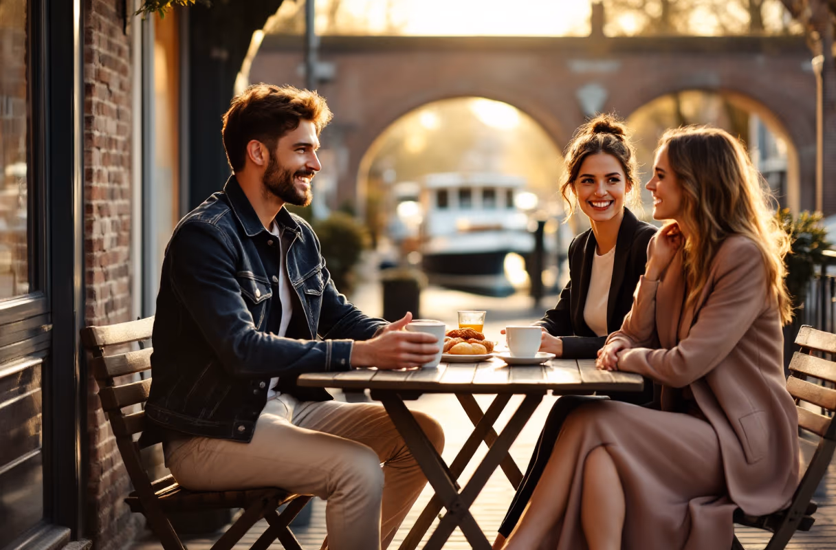 An Oudegracht wharf terrace — the easy, open Utrecht setting for getting to know someone Three people talking at a canal-side terrace on the Oudegracht in Utrecht