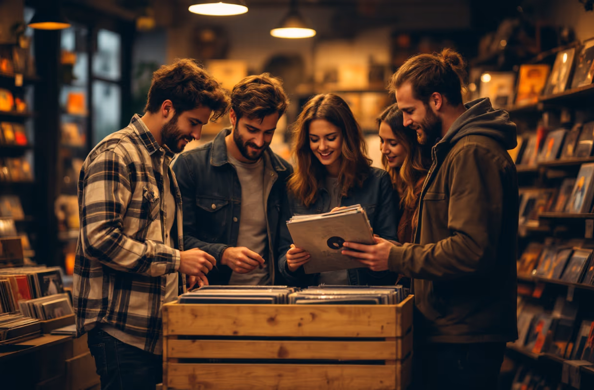 Shared taste, found together — the kind of easy alignment Gramsy is built to surface Five people browsing the same crate of records together in a Utrecht record shop