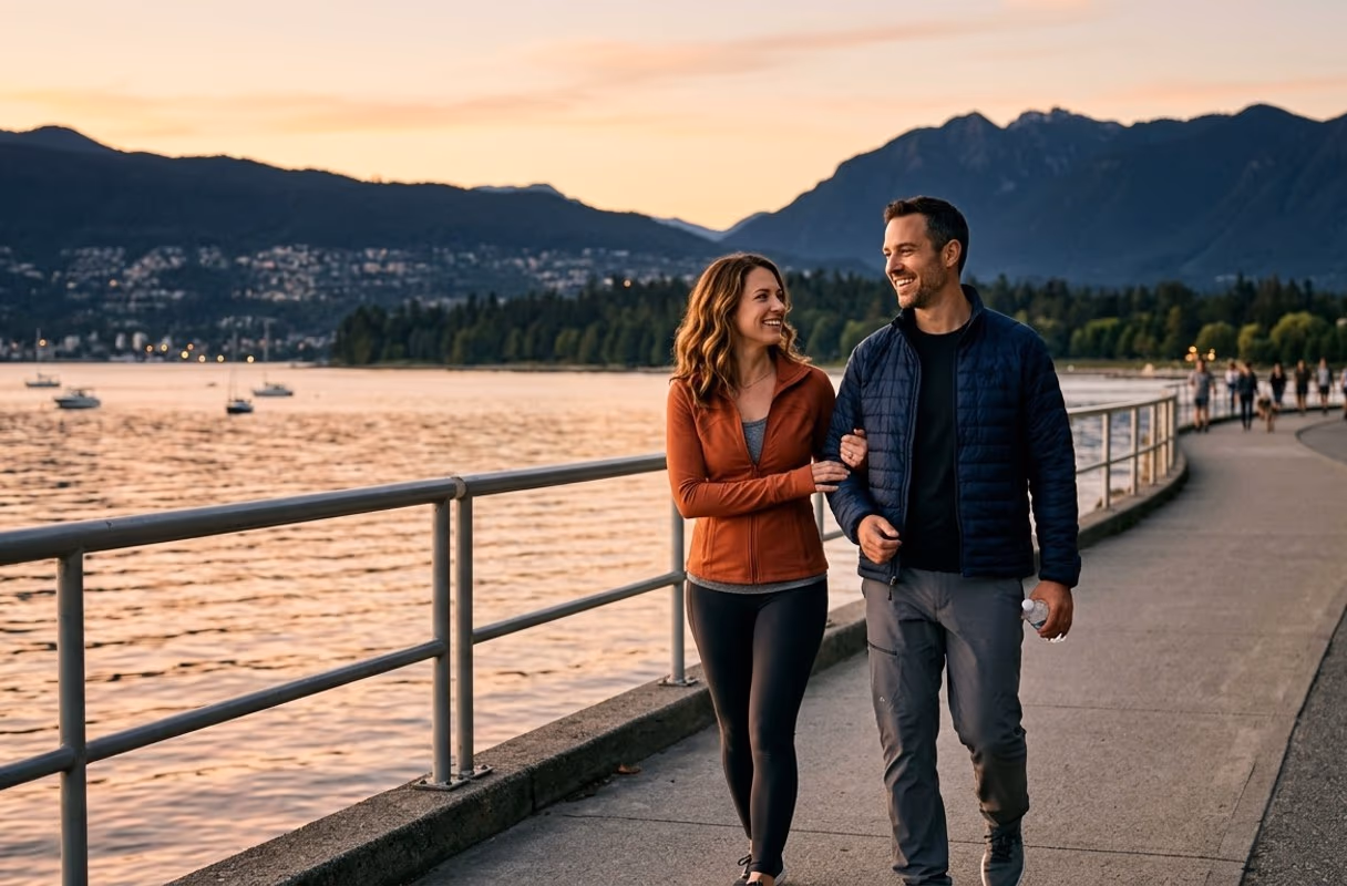 The seawall at sunset — the city's daylight face A couple walking along the seawall in Vancouver at sunset with mountains across the water