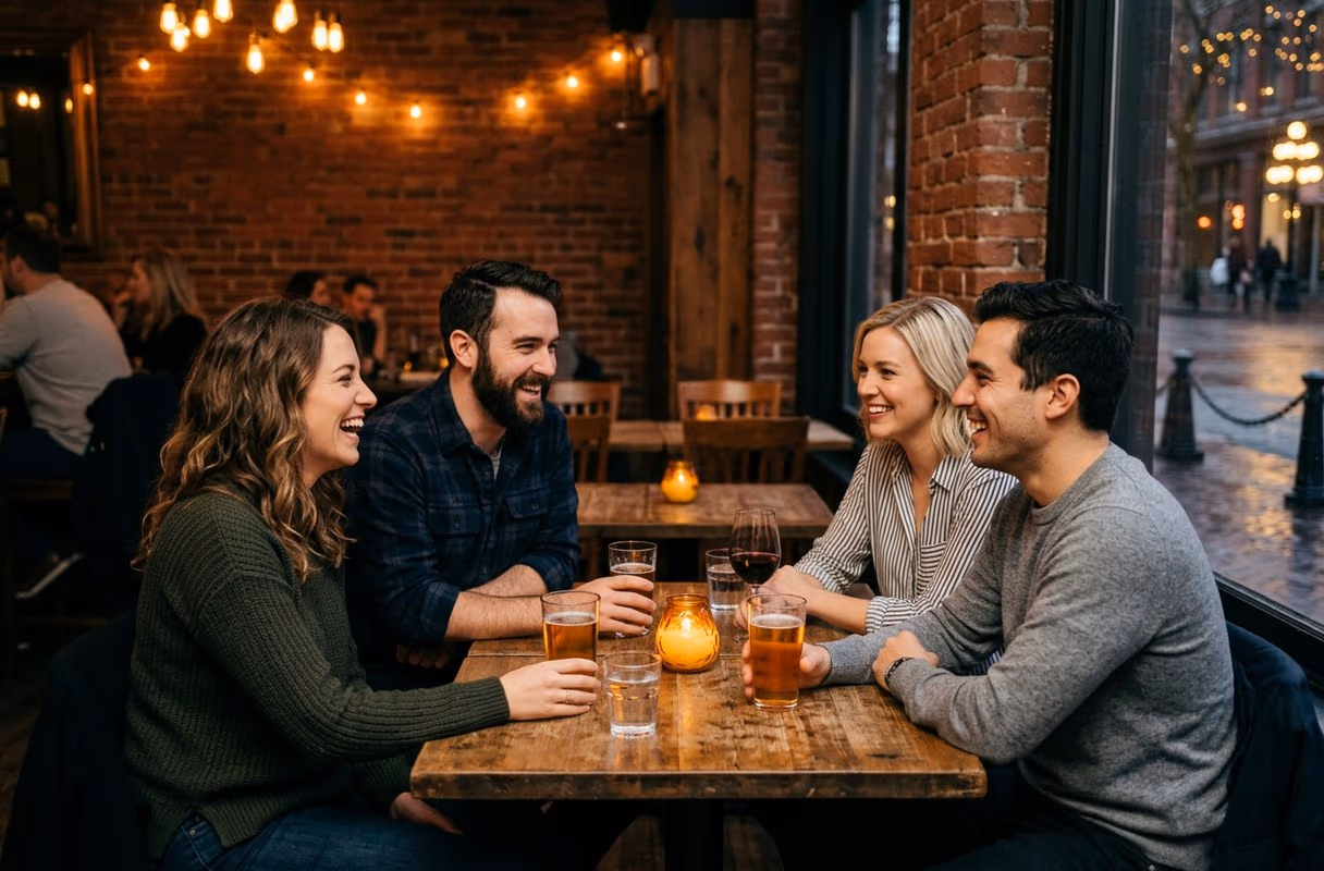 Gastown's brick rooms — where the quiet scene actually meets Two couples talking over drinks at a candlelit table in a brick-walled Gastown bar in Vancouver