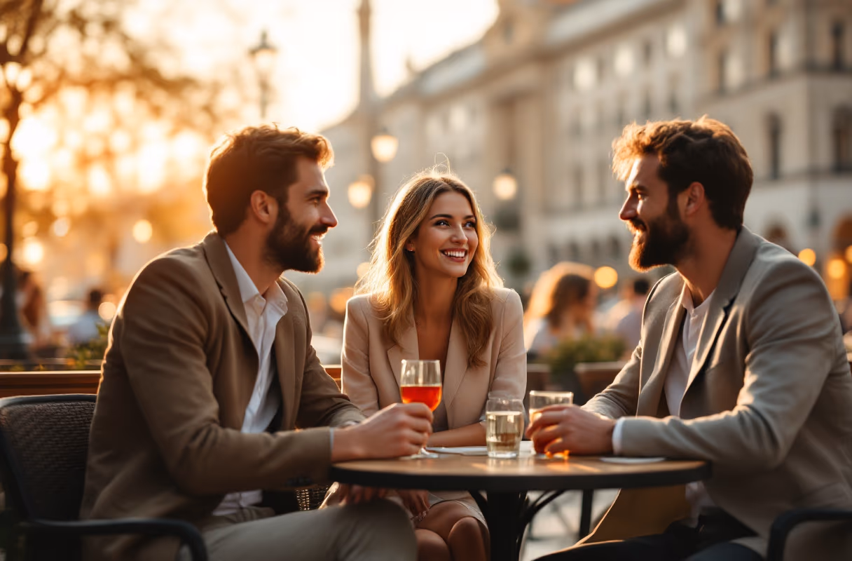 The Ringstrasse district — a relaxed central setting where first meets naturally happen Three people talking on a café terrace along the Ringstrasse in Vienna at golden hour
