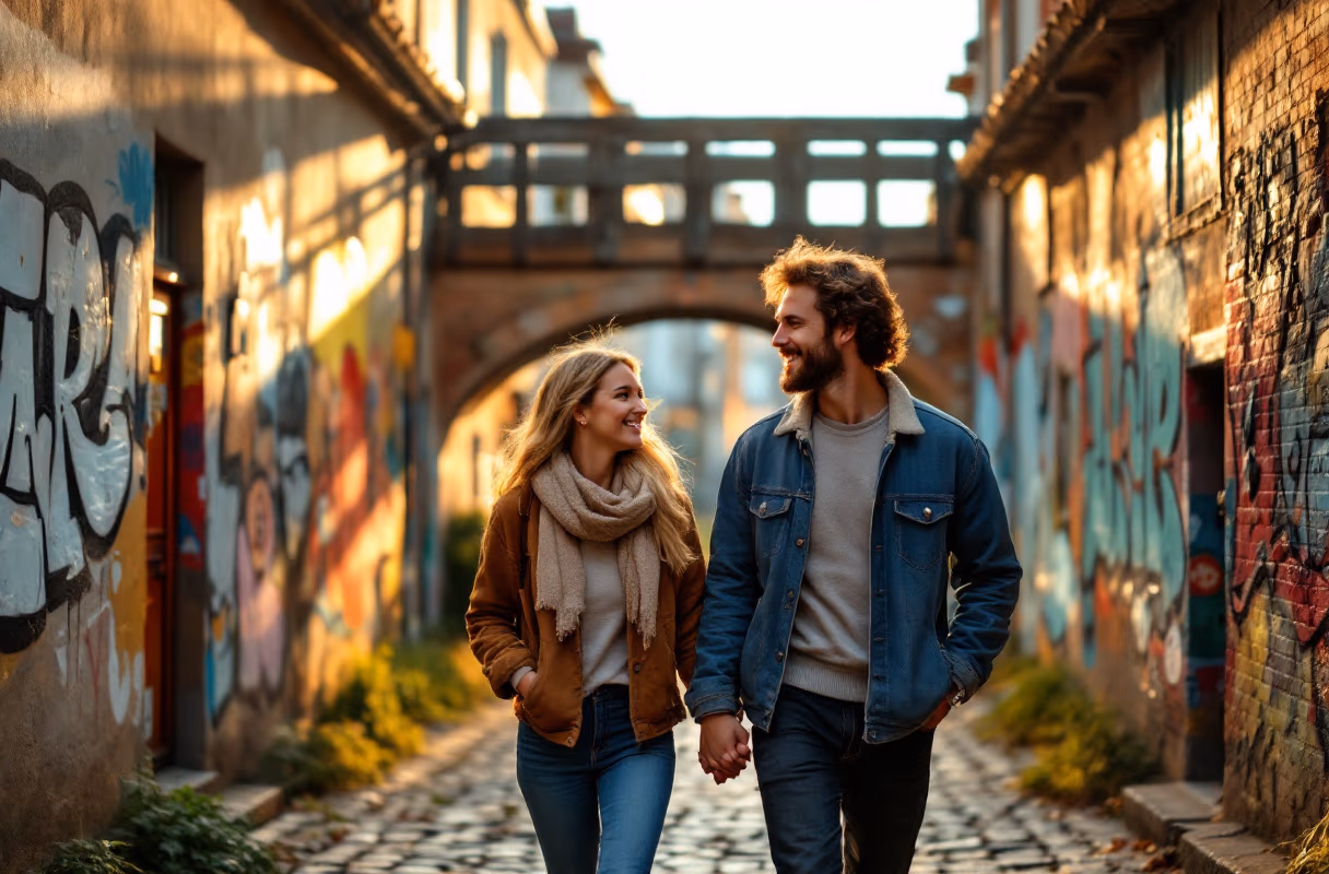 Užupis — Vilnius's bohemian, self-declared 'republic' A couple in the Užupis district of Vilnius at golden hour