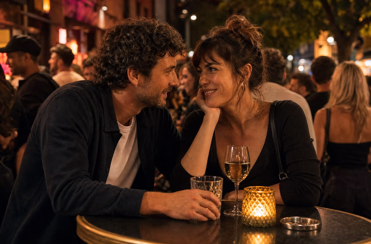 Langstrasse after dark — where Zurich's reserved surface loosens up A couple leaning close together at a small bar table on Langstrasse at night