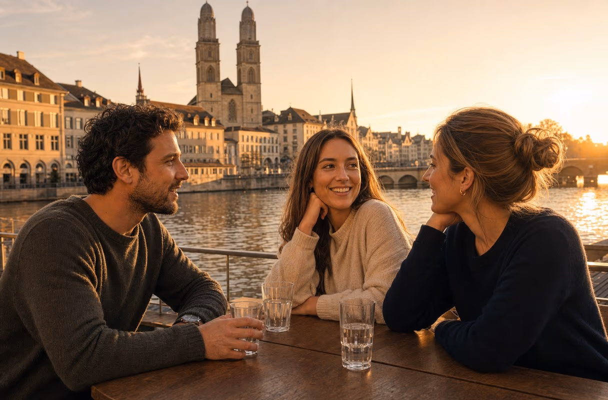 The Limmat riverside — an easy central setting for a first meeting Three people talking over drinks on a terrace by the Limmat with the Grossmünster towers behind