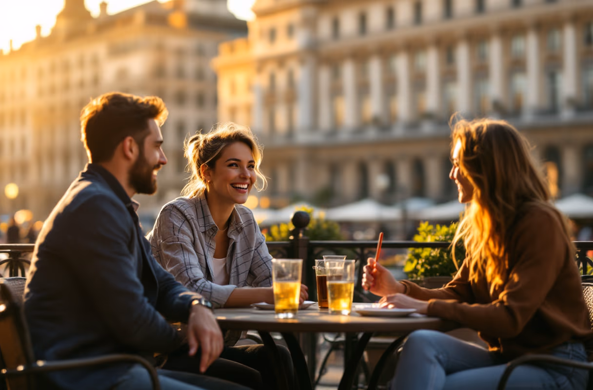 A Vienna terrace — a typical setting for a relaxed group meet-up Four friends relaxing together on a café terrace in Vienna at golden hour