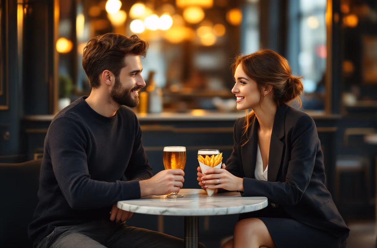 The Belgian brasserie — a familiar, low-key setting for shared decisions A couple sharing fries and beer at a traditional Belgian brasserie