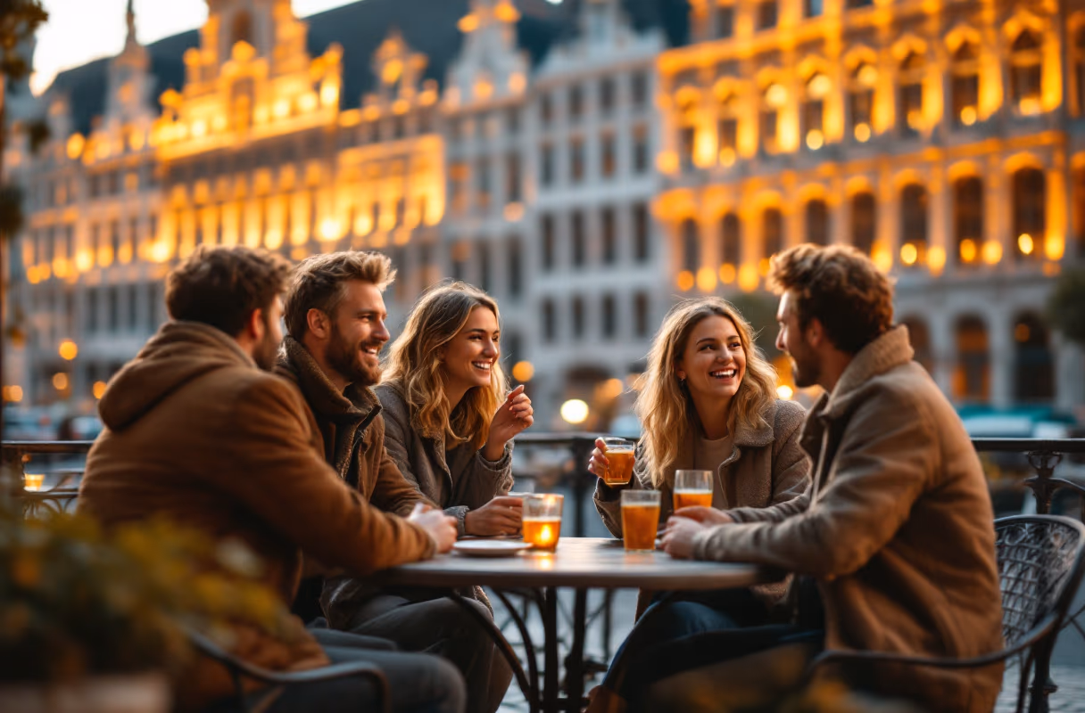 A terrace near the Grand-Place — a typical setting for a relaxed group meet-up Four friends relaxing together at a café terrace near the Grand-Place in Brussels at golden hour