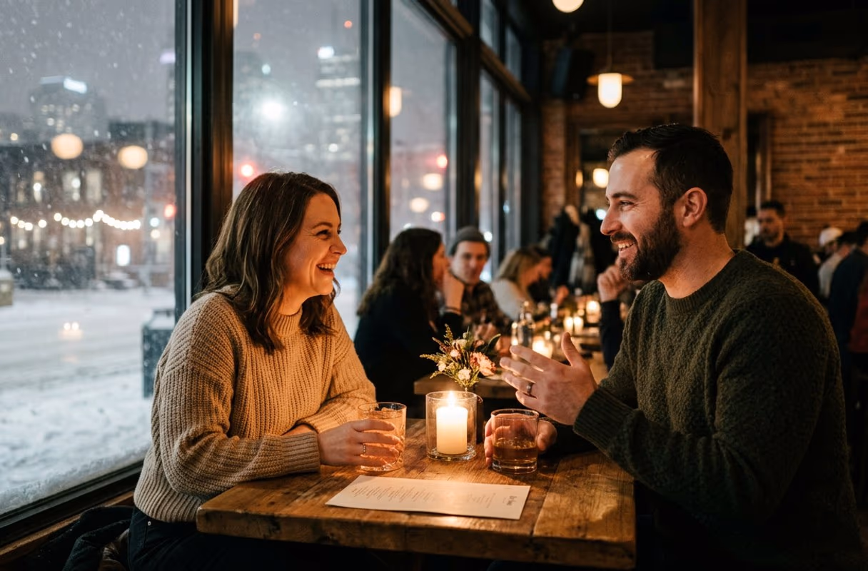 A couple talking over drinks at a warm bar window on a winter evening in Toronto