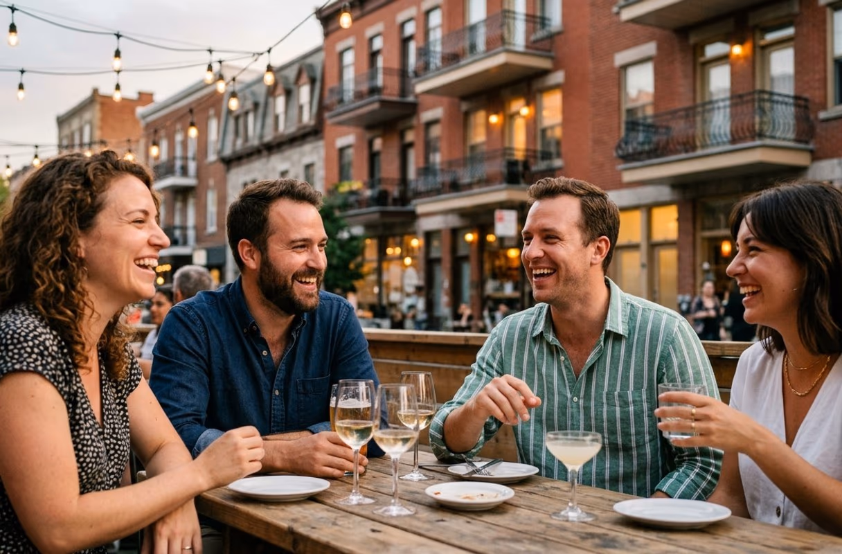 Four friends laughing on a summer terrasse in Montreal in the evening