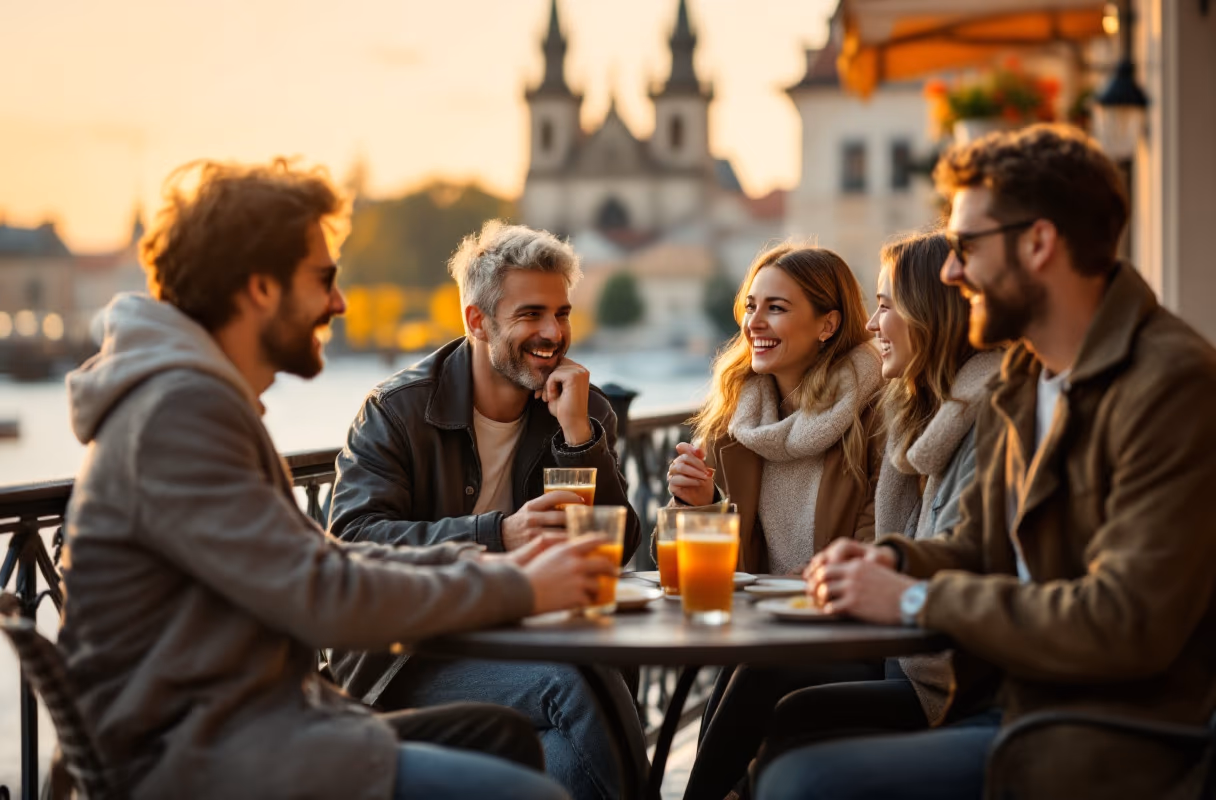 A Prague terrace — a typical setting for a relaxed group meet-up Four friends relaxing together on a café terrace in Prague at golden hour
