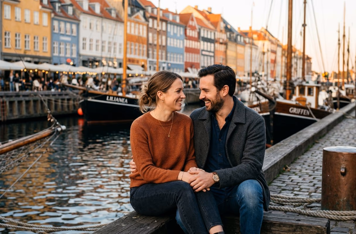 A Nyhavn evening in Copenhagen — an easy first meeting A couple sitting close together by the colourful waterfront houses of Nyhavn in Copenhagen