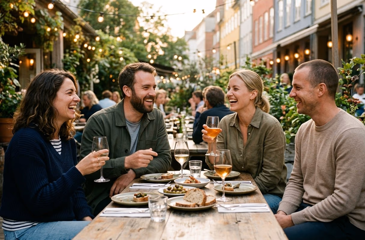 An easy evening among open-minded people — the after picture A small group of friends laughing around a table on a Copenhagen terrace in warm evening light