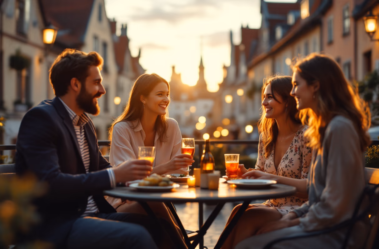 A small group on a terrace in Tallinn's medieval Old Town in the evening