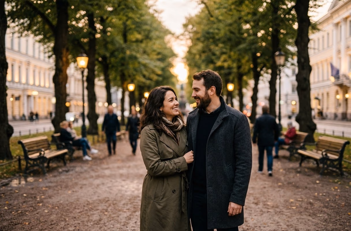 A couple standing close together on the tree-lined Esplanadi promenade in central Helsinki
