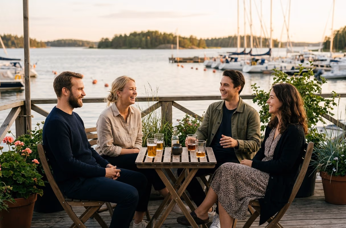 A small group of friends talking on a harbourside terrace in Helsinki in warm evening light