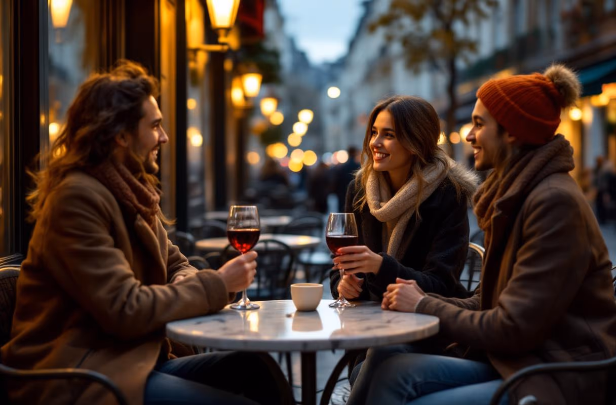Three people at a French café terrace in the evening