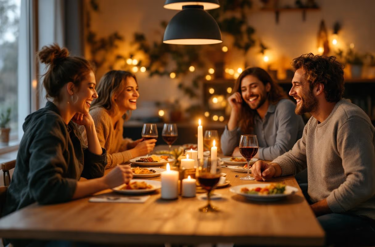 Five people around a long dining table in a German apartment in the evening