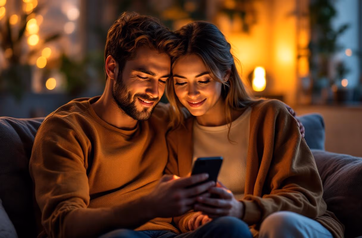 A couple looking together at a phone screen in their evening apartment