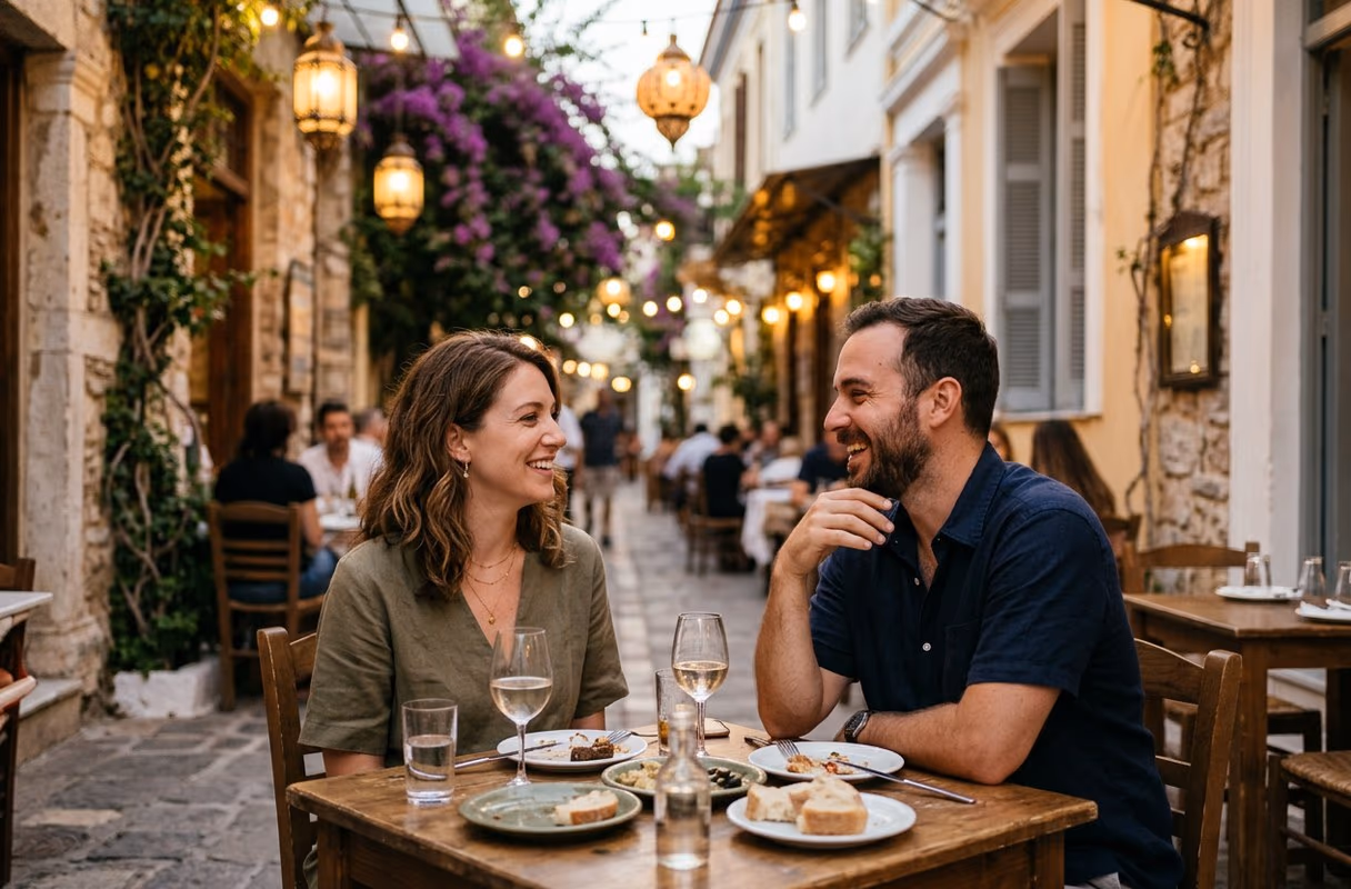 A Plaka evening in Athens — conversation first A couple talking at a small table in a lantern-lit lane of Plaka in Athens