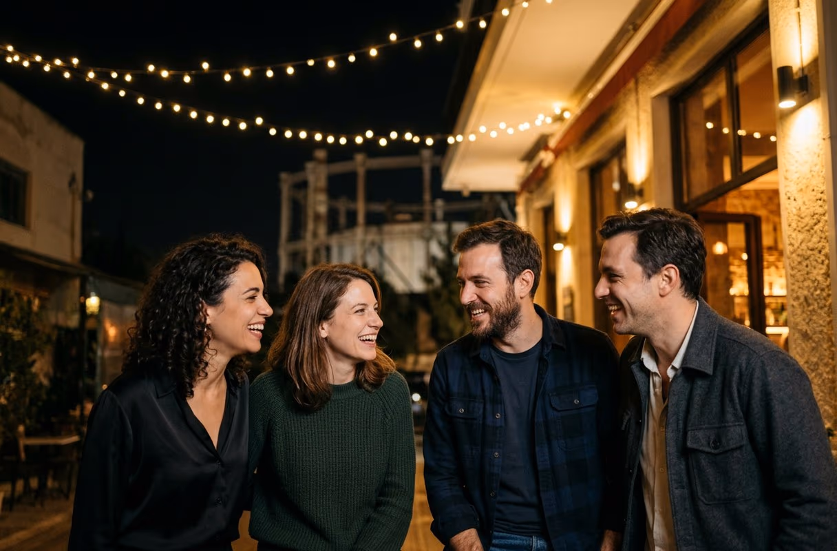 Gazi after dark — where the open crowd actually meets A small group of friends laughing outside a bar in the Gazi district of Athens at night