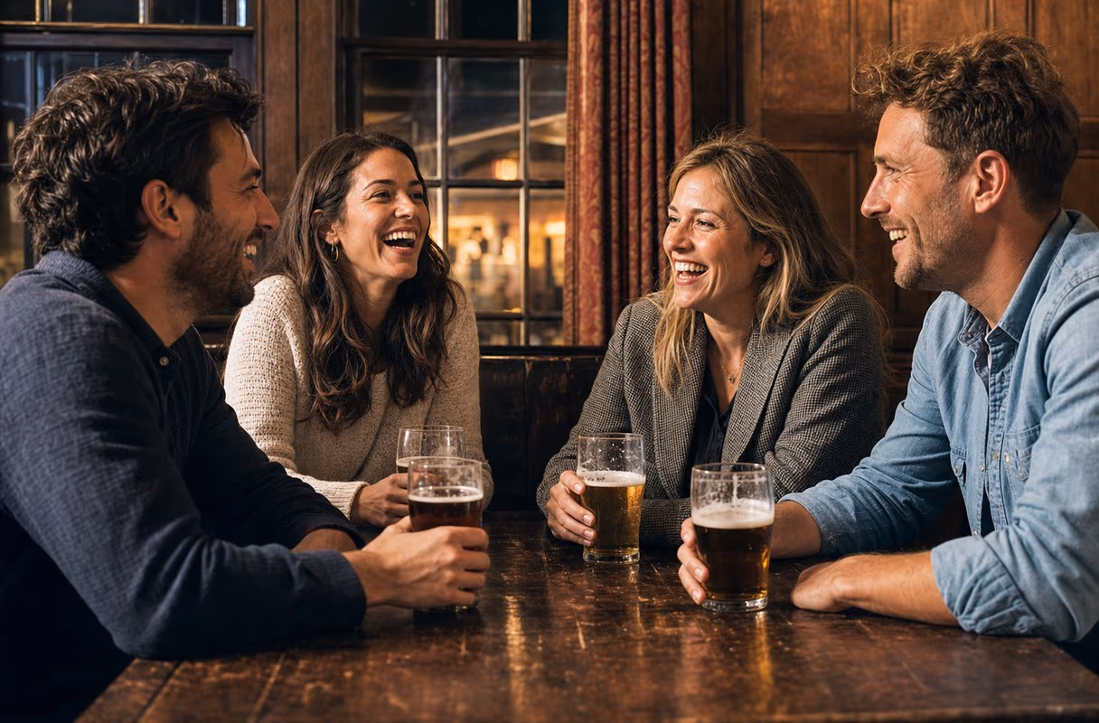 Four friends laughing around a pub table in warm evening light