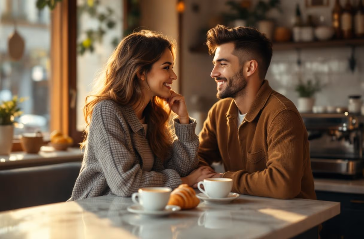 A couple having morning espresso together at a small Italian café
