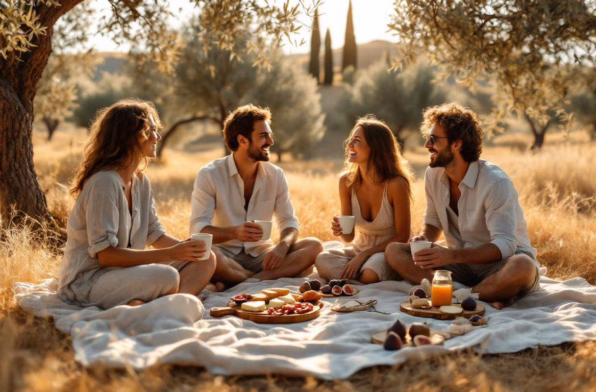Four people on a picnic blanket in the Tuscan countryside at golden hour