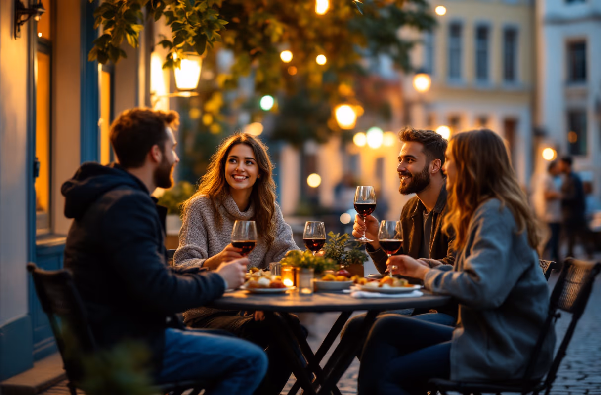 Riga's Old Town — compact, walkable, easy to meet in A small group on a terrace in Riga's Old Town in the evening