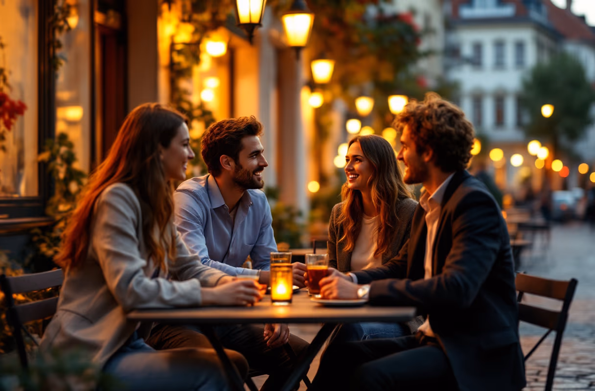 Vilnius — a UNESCO Old Town and a fast-growing tech capital A small group on a terrace in Vilnius's Old Town in the evening