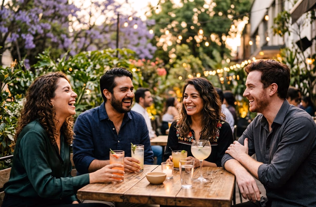 A Condesa terrace — where the capital's open crowd meets A small group of friends laughing on a terrace bar in Condesa, Mexico City, in the evening