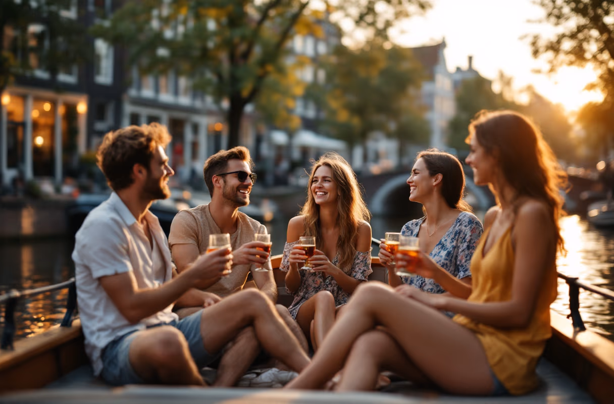 Five people relaxing with drinks on the deck of a boat on an Amsterdam canal at golden hour