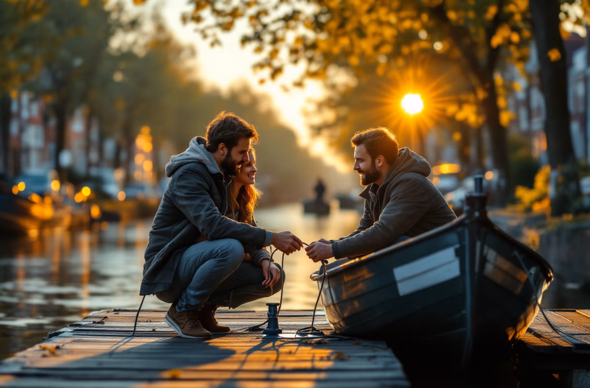 A couple and a third person pausing by a canal dock at golden hour in the Netherlands