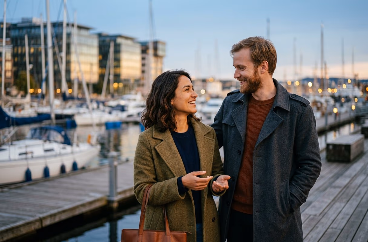 An Aker Brygge evening in Oslo — an easy first meeting A couple standing close together on the Aker Brygge waterfront in Oslo at dusk