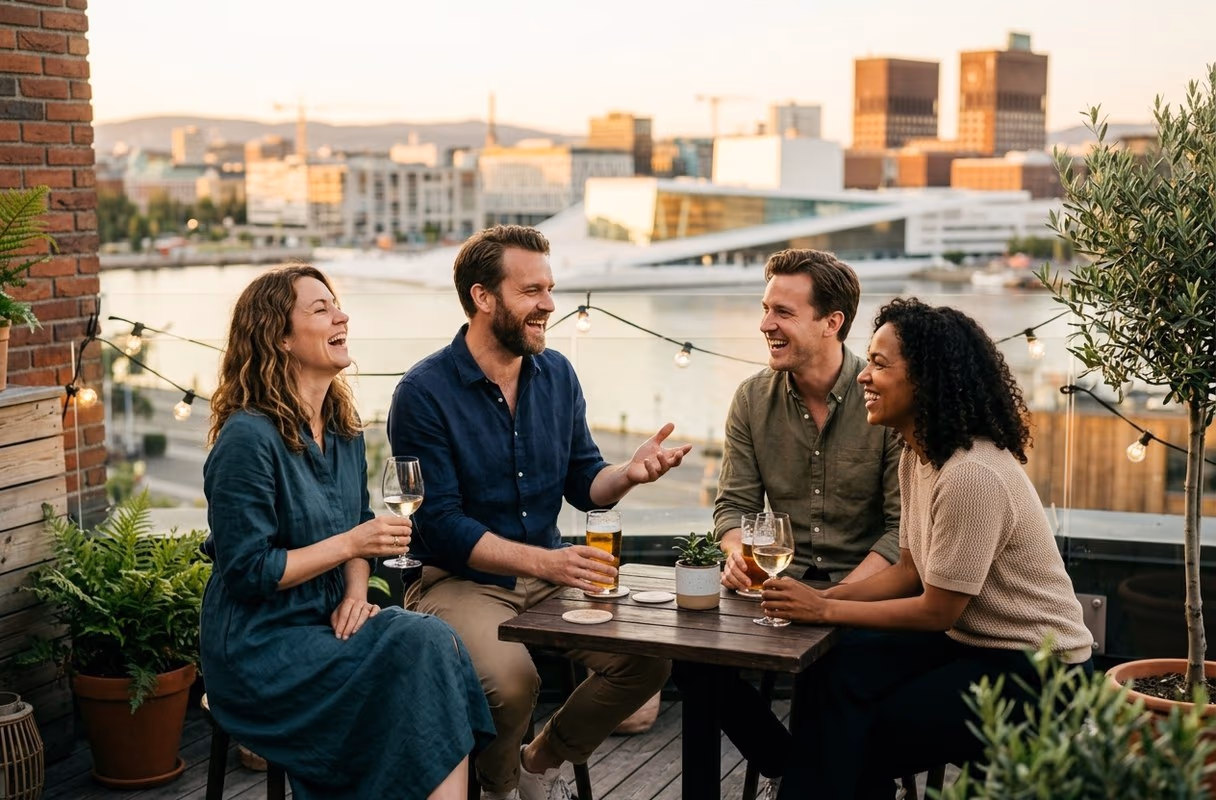 An easy evening among open-minded people — the after picture A small group of friends laughing on an Oslo rooftop terrace in warm summer evening light