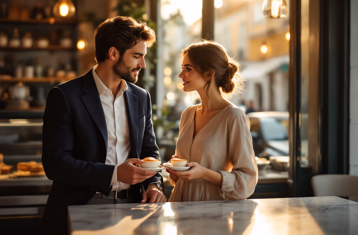 The Portuguese café ritual — a familiar setting for shared decisions A couple sharing morning coffee and pastéis de nata at a Portuguese pastelaria